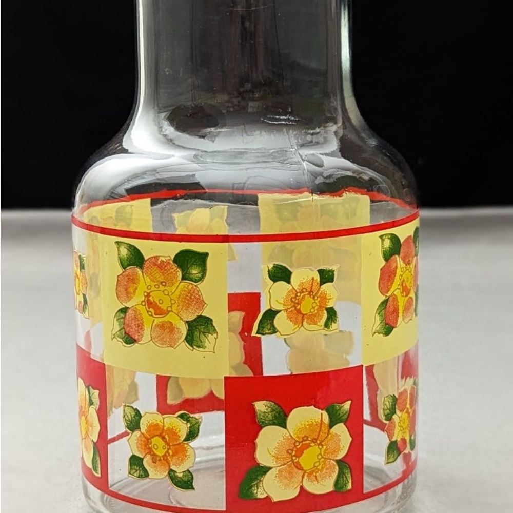 Vintage 1960’s Floral Glass Juice carafe with Red and Yellow Accents